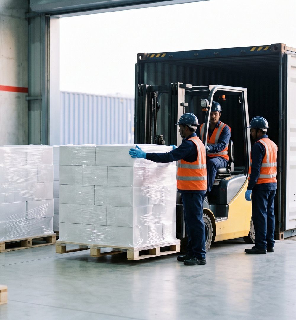 Workers loading palletised medicine cartons into a shipping container for bulk pharmaceutical export