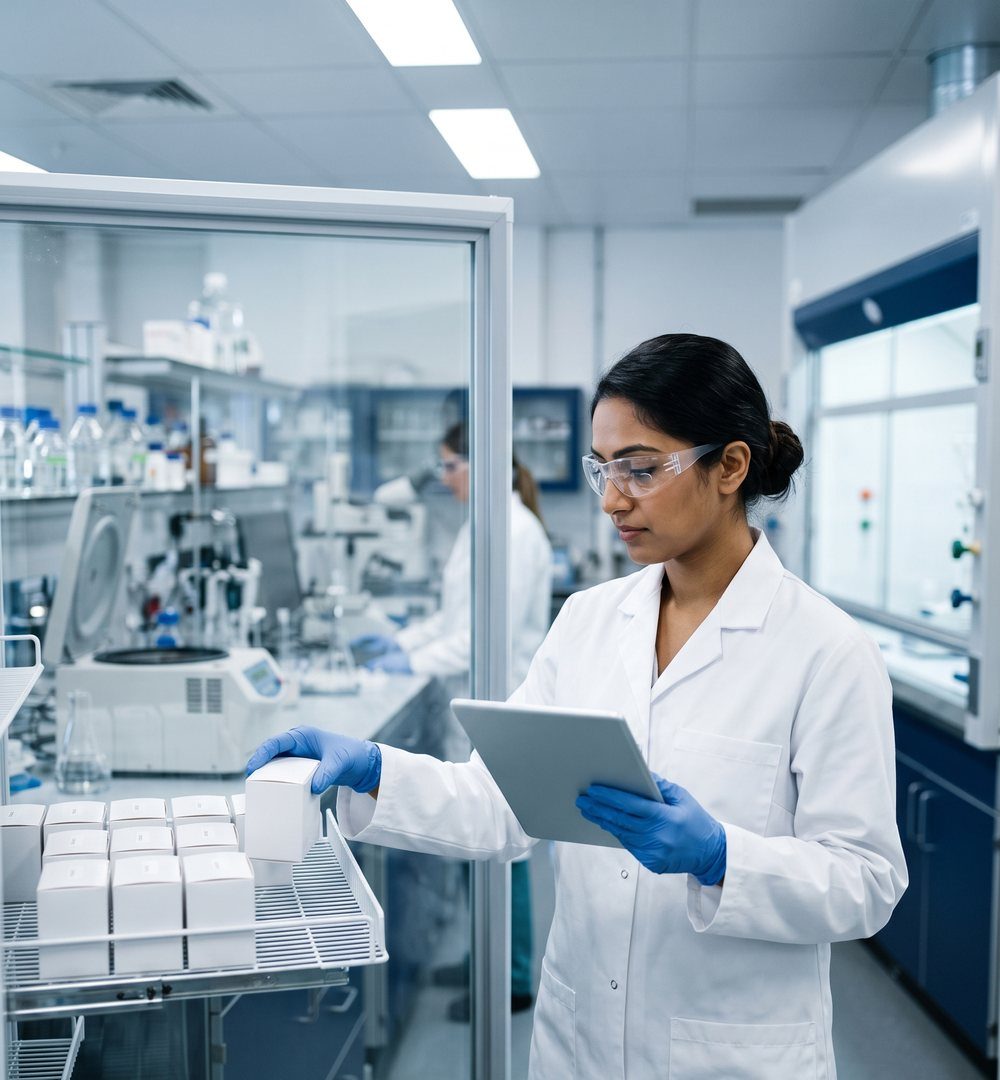 Clinical research scientist checking medicine kits in a temperature-controlled lab refrigerator for clinical trial supply