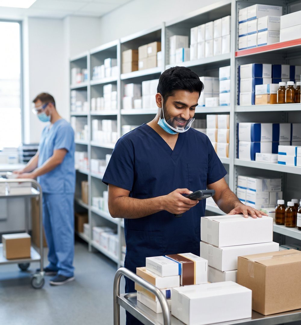 Hospital pharmacist scanning medicine cartons in a hospital pharmacy store room