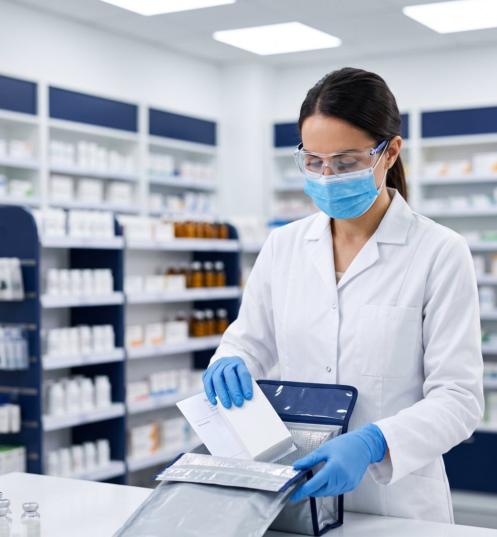 Pharmacist packing a prescribed medicine into an insulated pouch for named patient supply