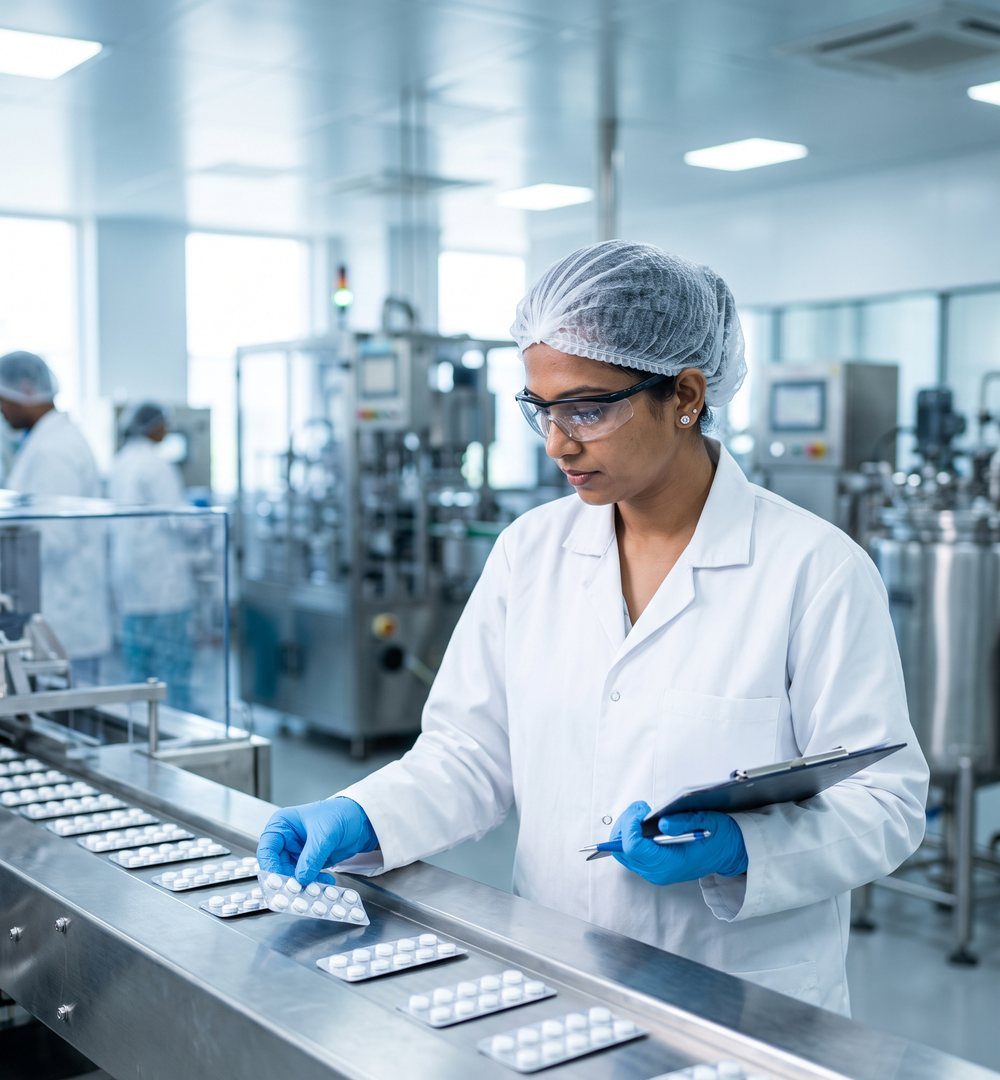 Quality control specialist inspecting tablet blister packs at a GMP-certified pharmaceutical manufacturing facility in India
