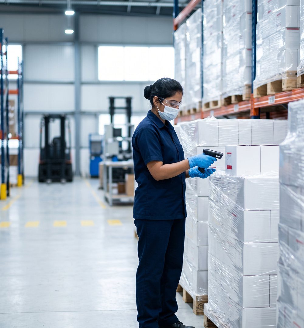 Warehouse staff scanning medicine cartons for pharmacy dropshipping orders