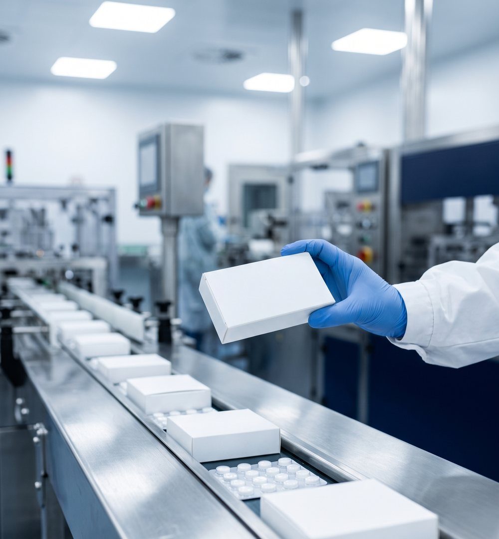 Gloved hand holding a blank medicine carton on a GMP packaging line for third-party pharmaceutical manufacturing